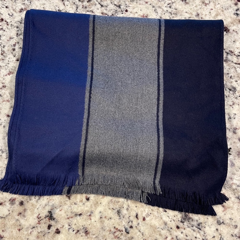 Silk & Cashmere Scarf Mens OS Blue Grey Luxury Colorblock 100% Silk Fringe